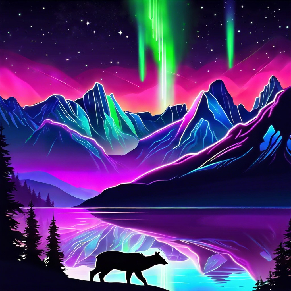 neon northern lights over a dark mountain