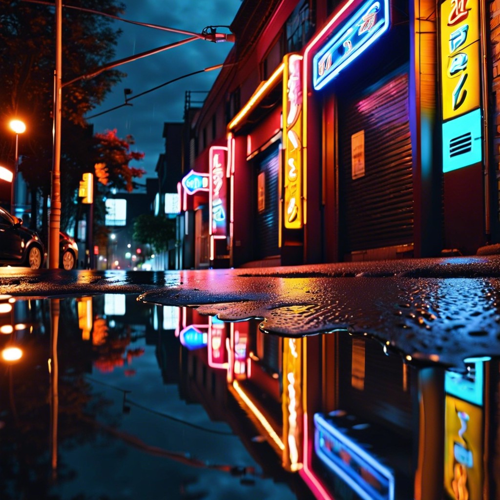 neon signs reflection in rainy street puddles