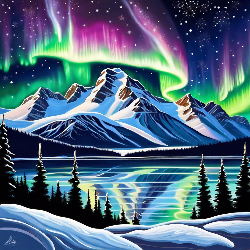 northern lights over a snowy mountain