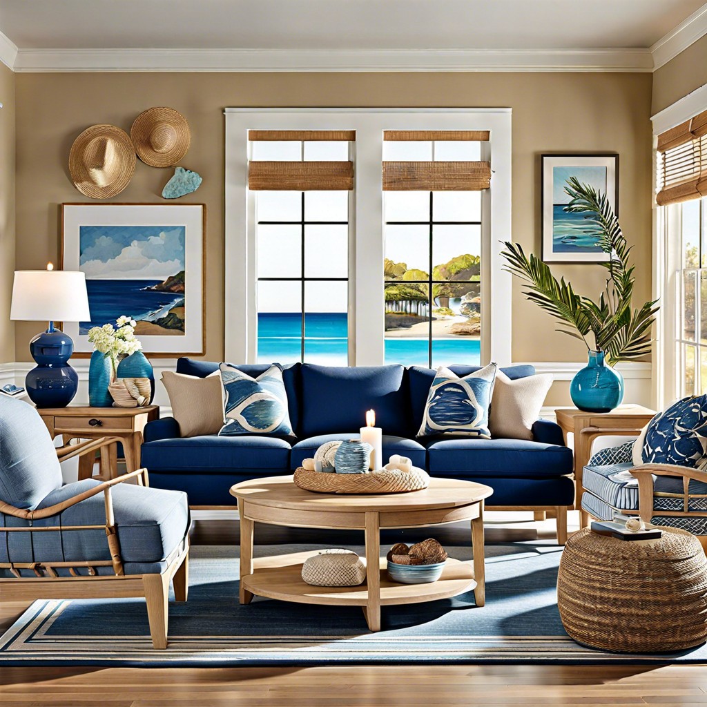 offset a deep blue sofa with light oak furniture for a coastal vibe
