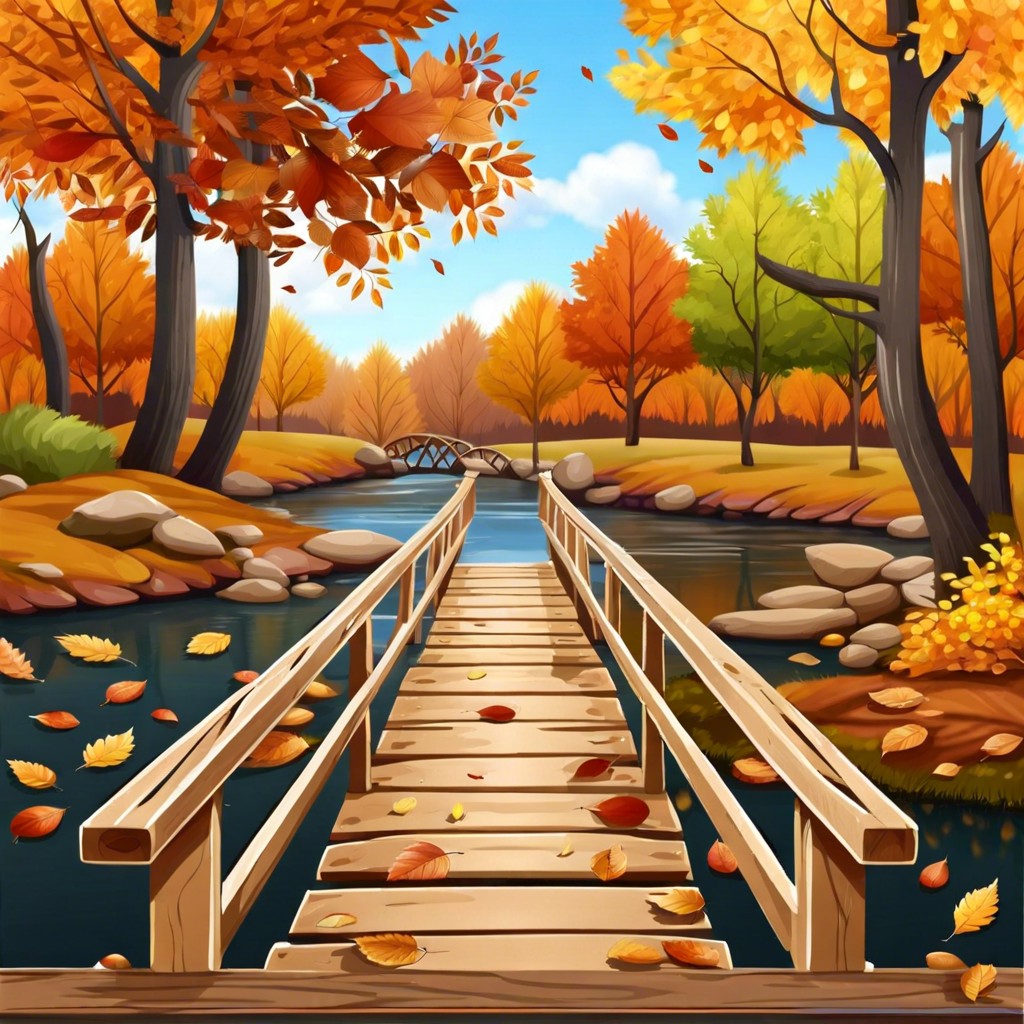 old wooden bridge over a creek with fallen leaves