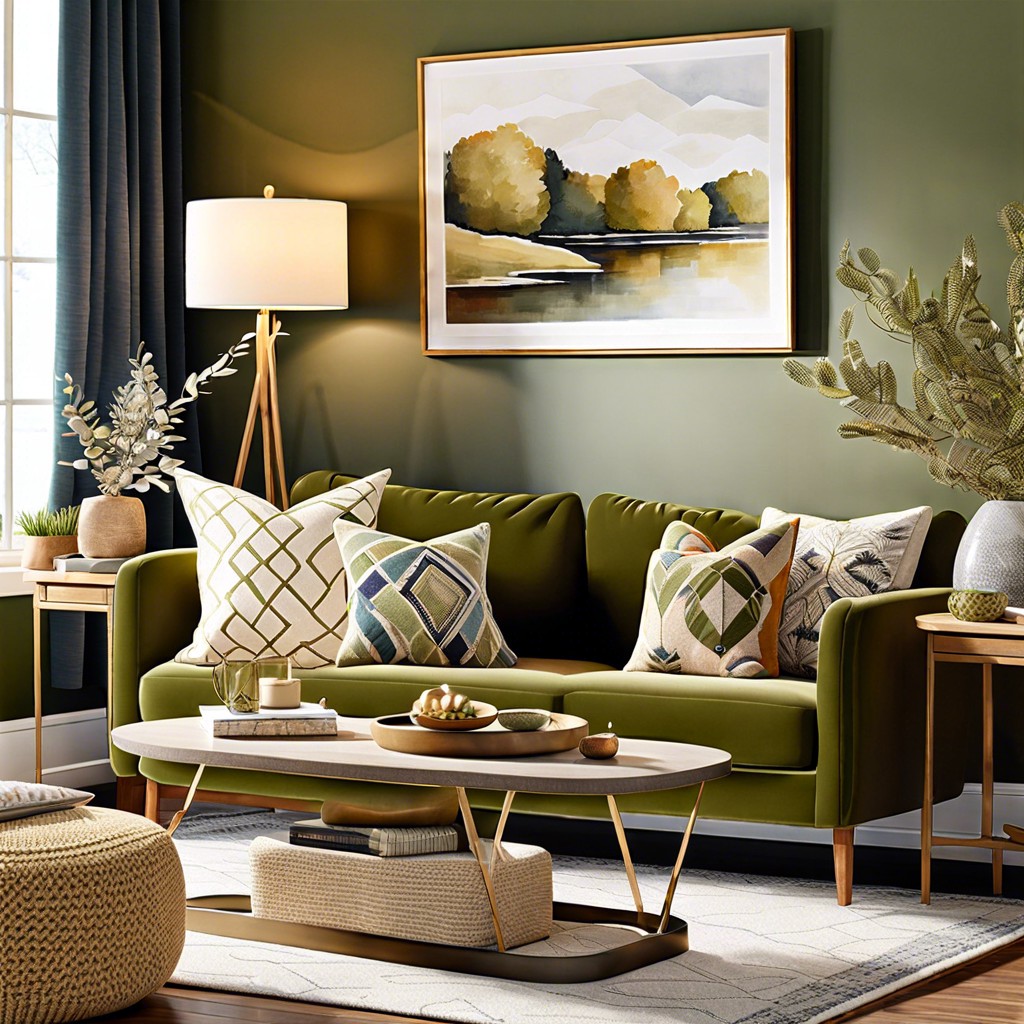 olive green sofa accents pillows amp throws