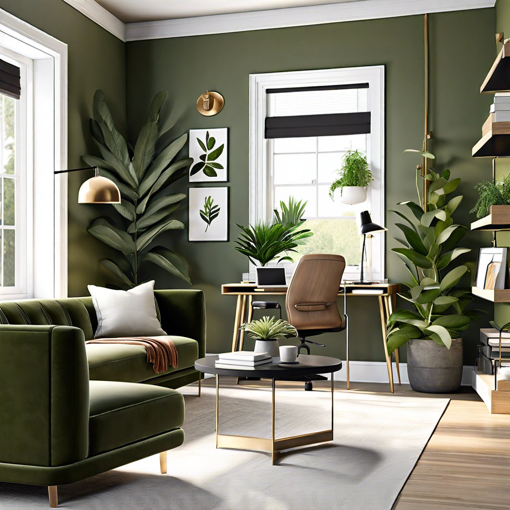 olive green sofa as office decor