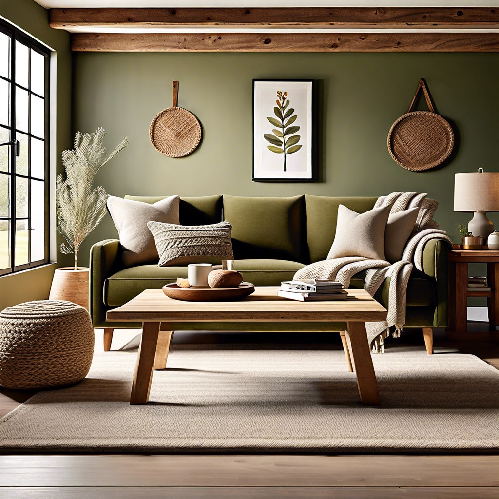 olive green sofa in a modern farmhouse