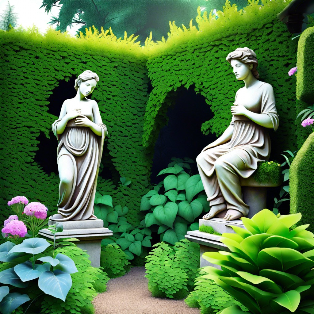 overgrown garden with hidden statues