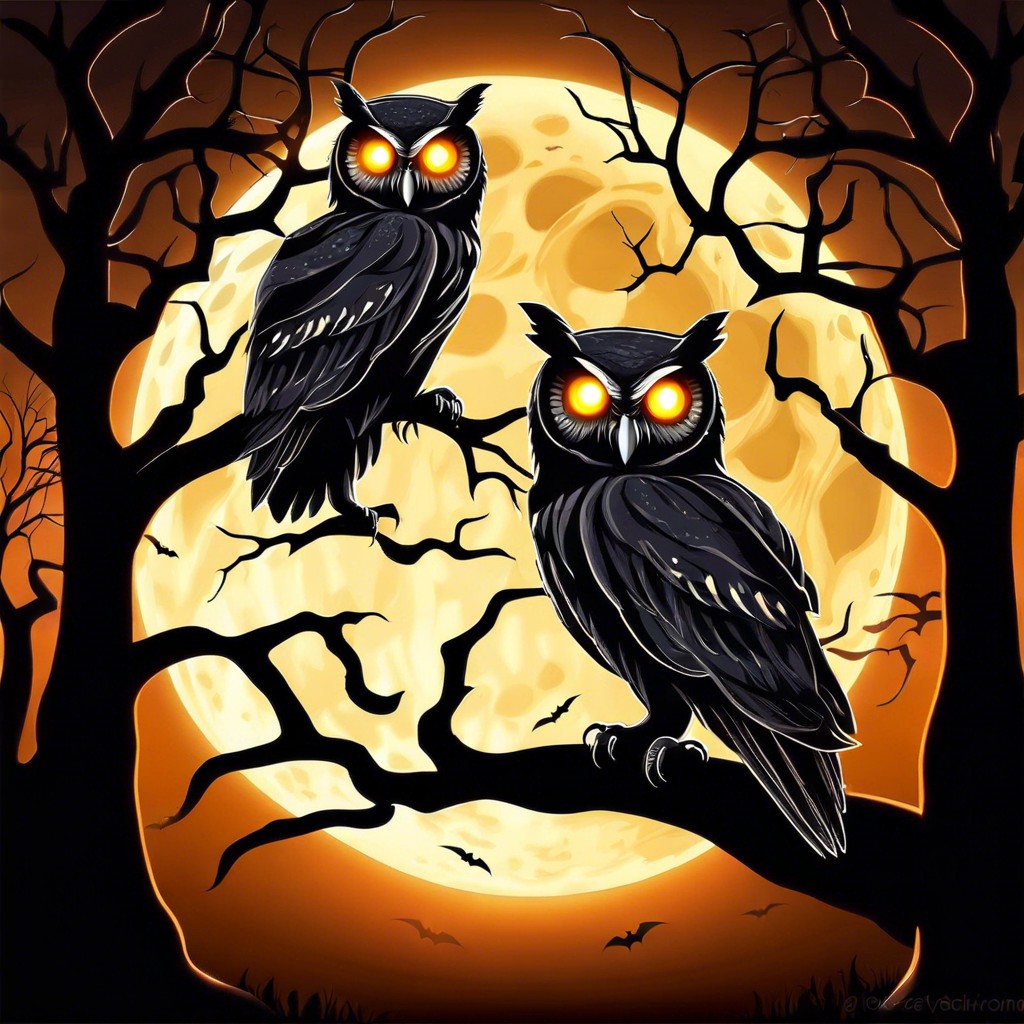 owls with glowing eyes perched on a spooky tree