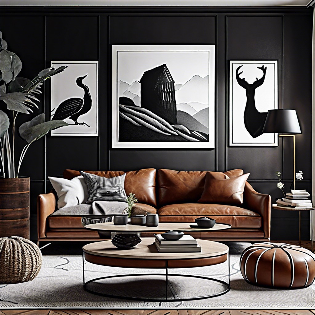 pair a cognac sofa with black and white art