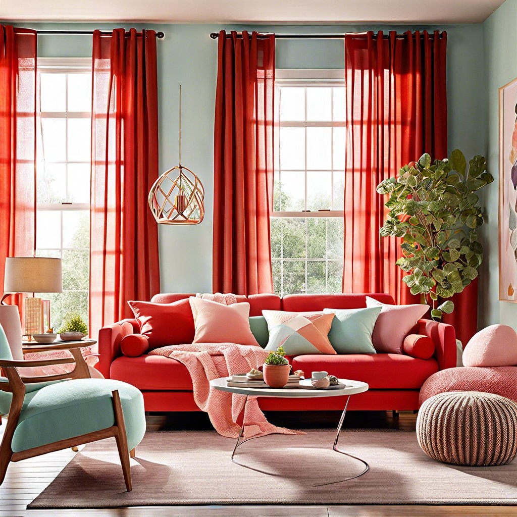 pair the red couch with pastel curtains and cushions for a soft inviting space
