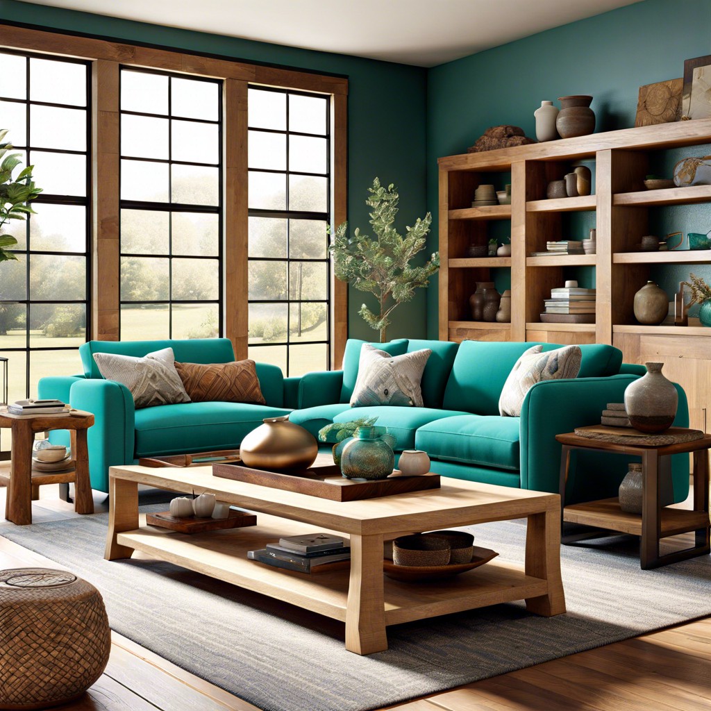 pair the sofa with natural wood elements for organic warmth
