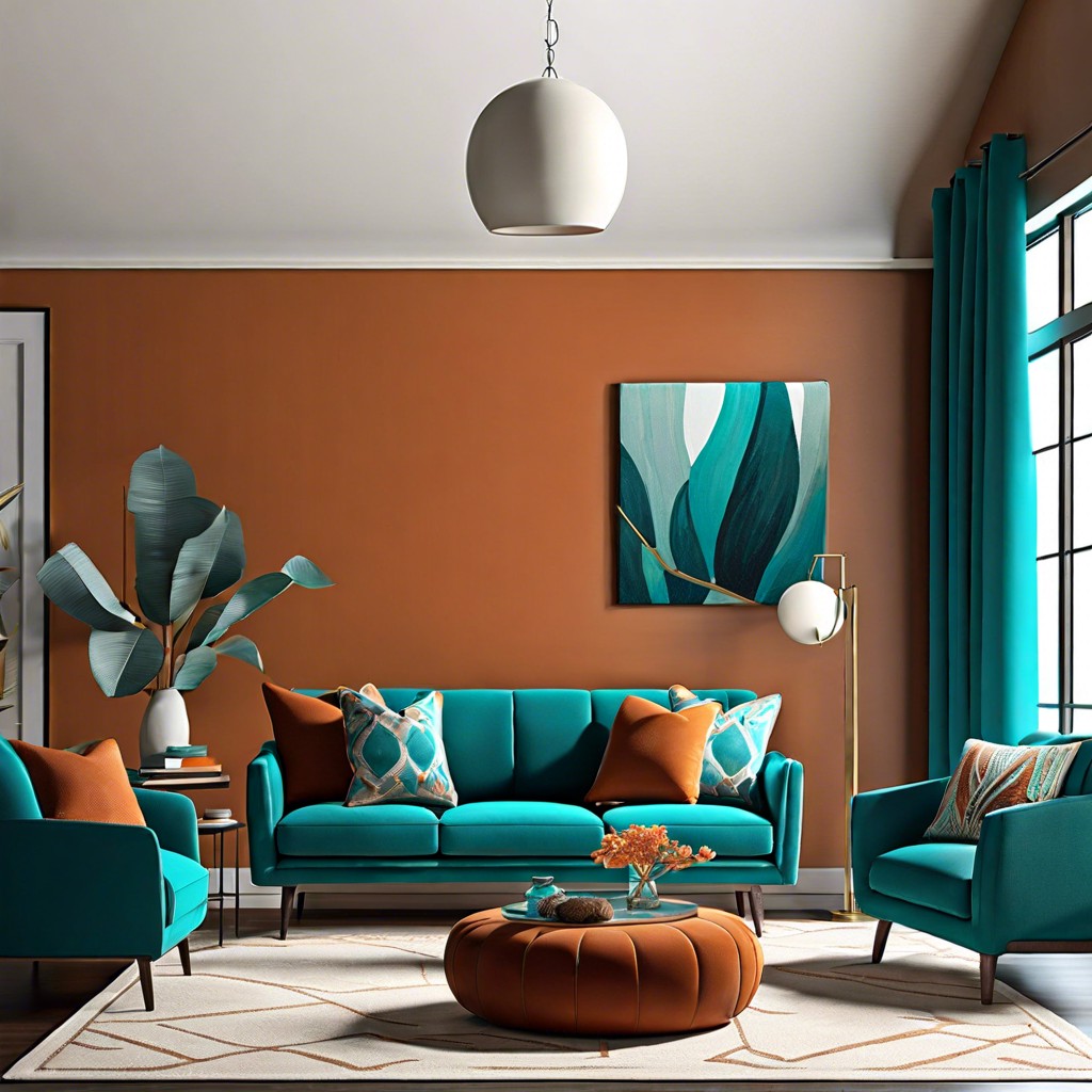 pairing burnt orange sofas with teal accents for a vibrant contrast