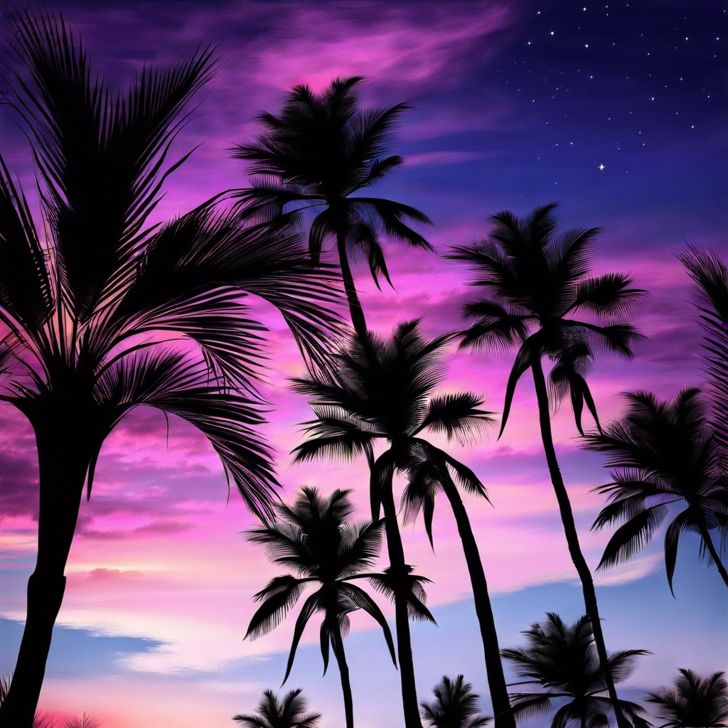 palm trees silhouetted against a twilight sky