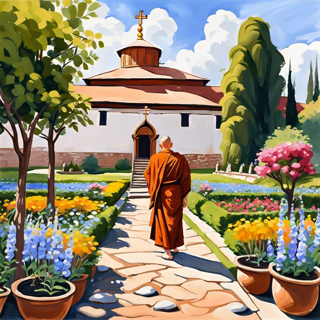 peaceful monastery with monks in the garden