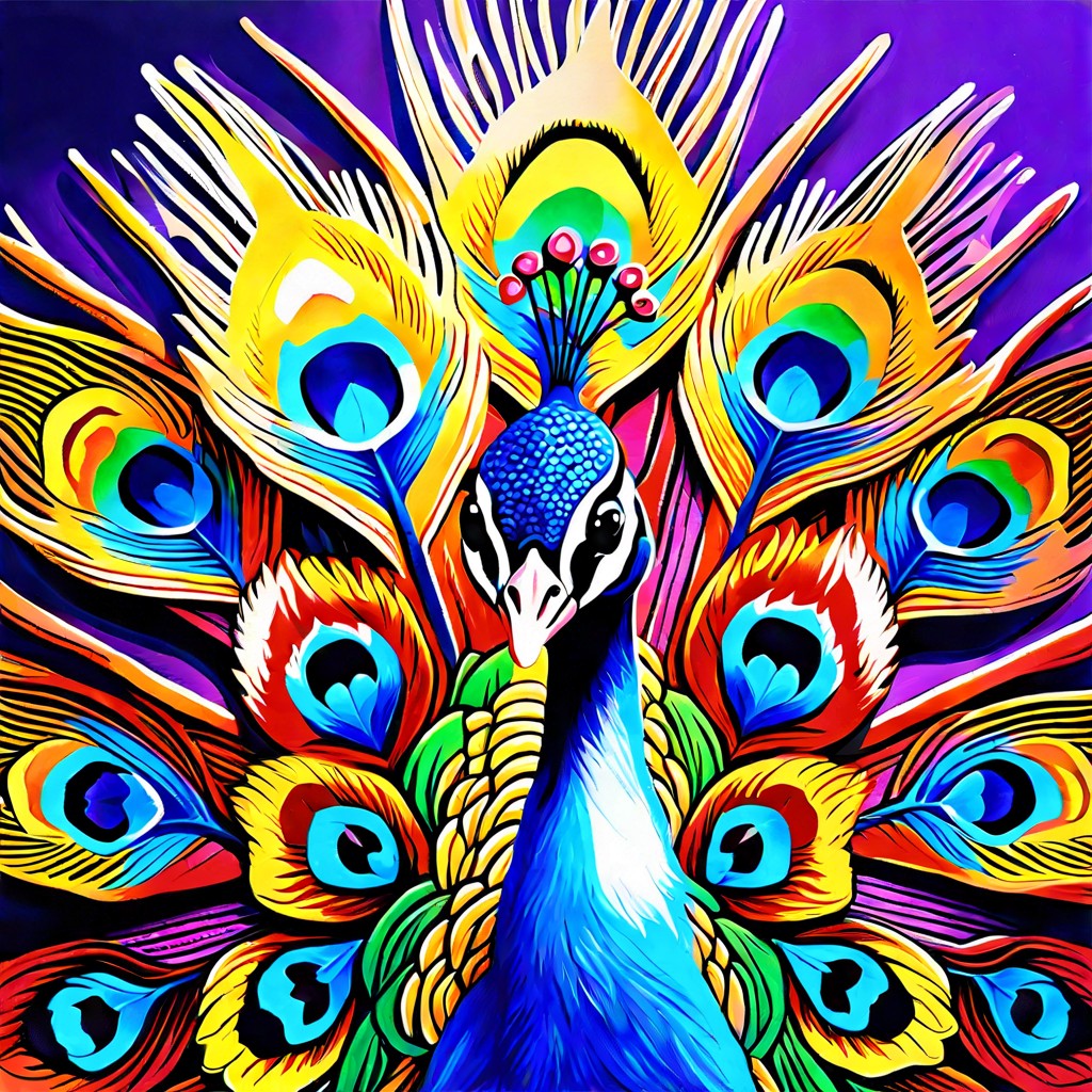 peacock with spread feathers in bright acrylics