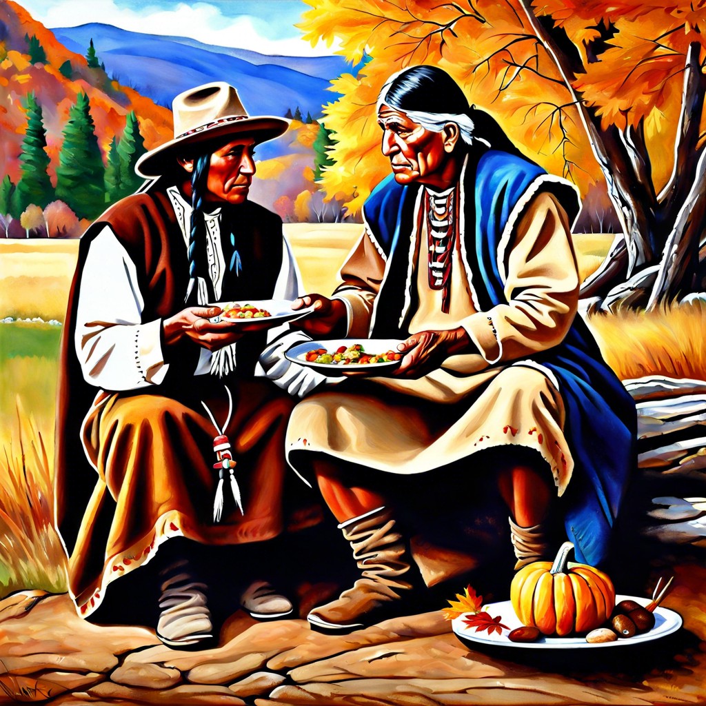 pilgrim and native american sharing food