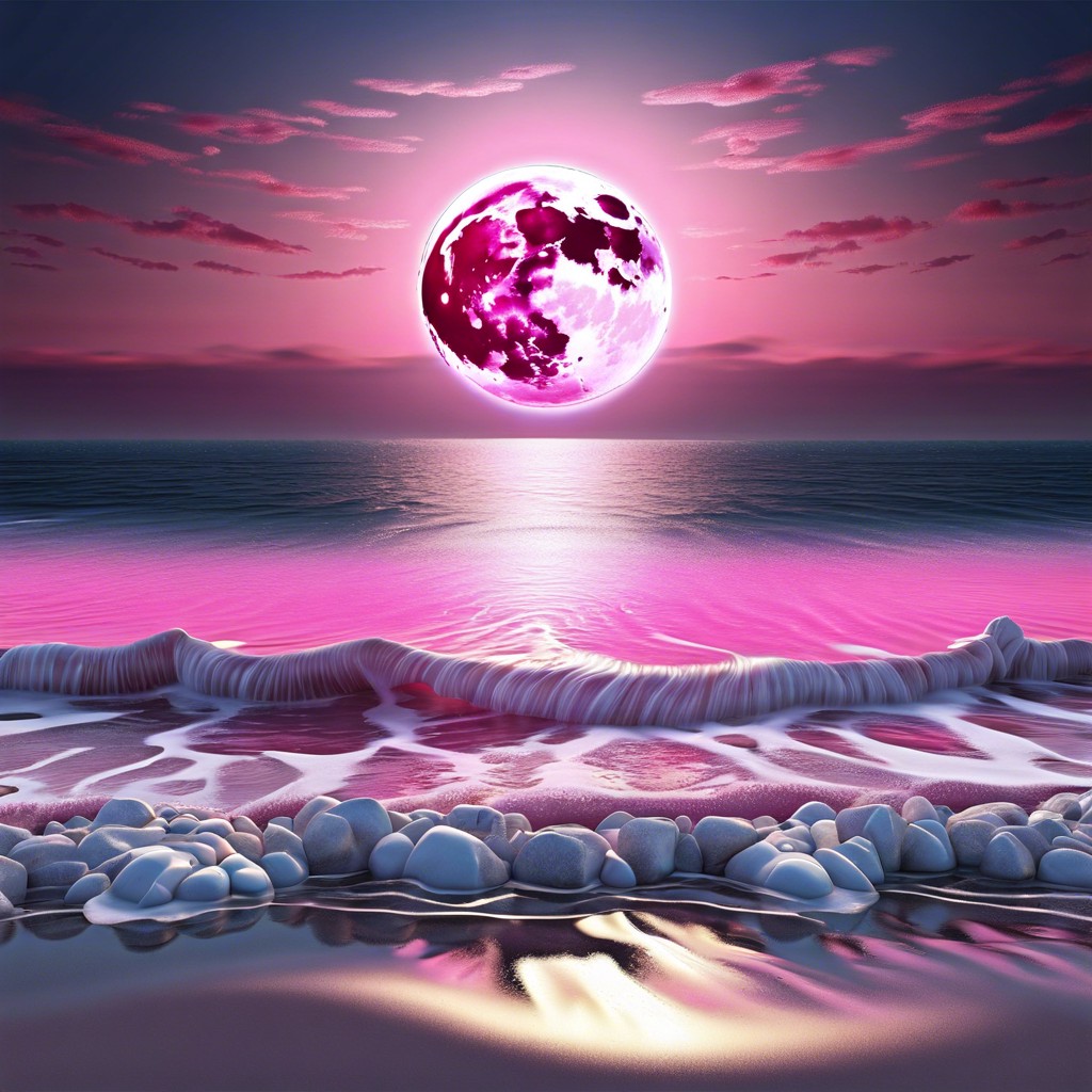 pink full moon over ocean