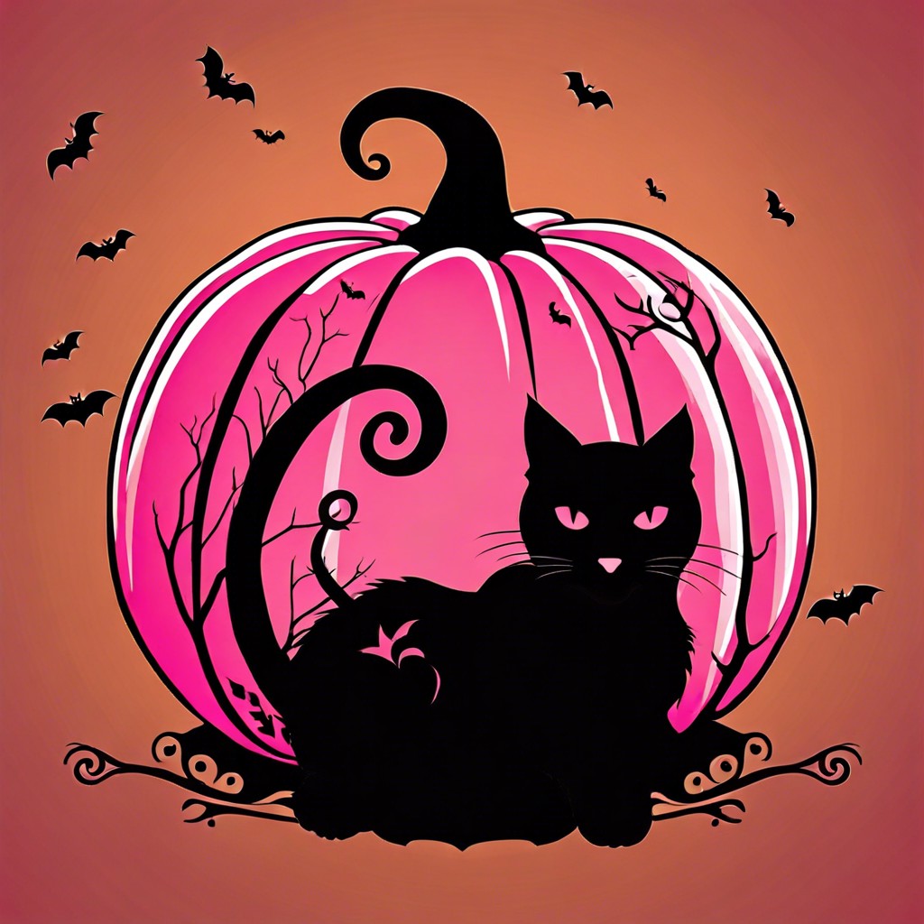 pink pumpkin with black cat silhouettes