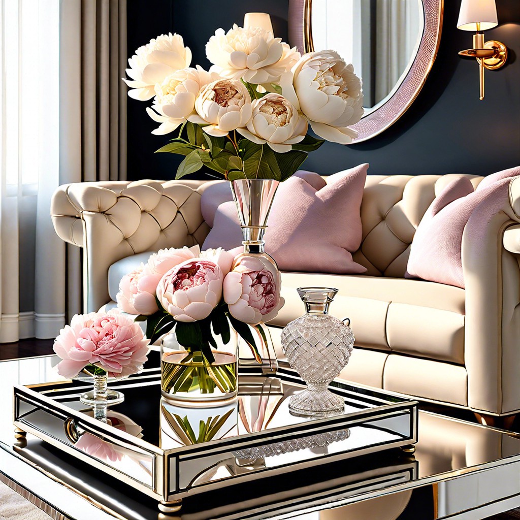 place a mirrored tray on the coffee table for sparkle