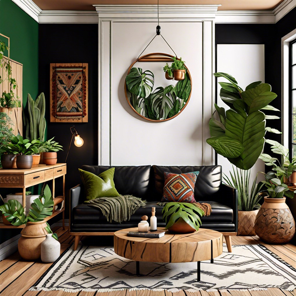 position a black couch in a bohemian styled room with plants