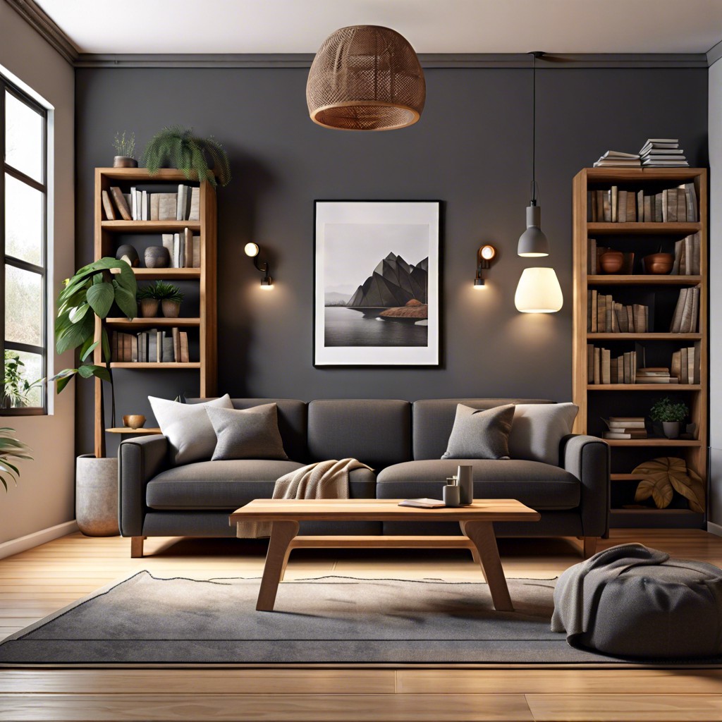 position a minimalist bookshelf beside a dark grey couch for a scholarly vibe