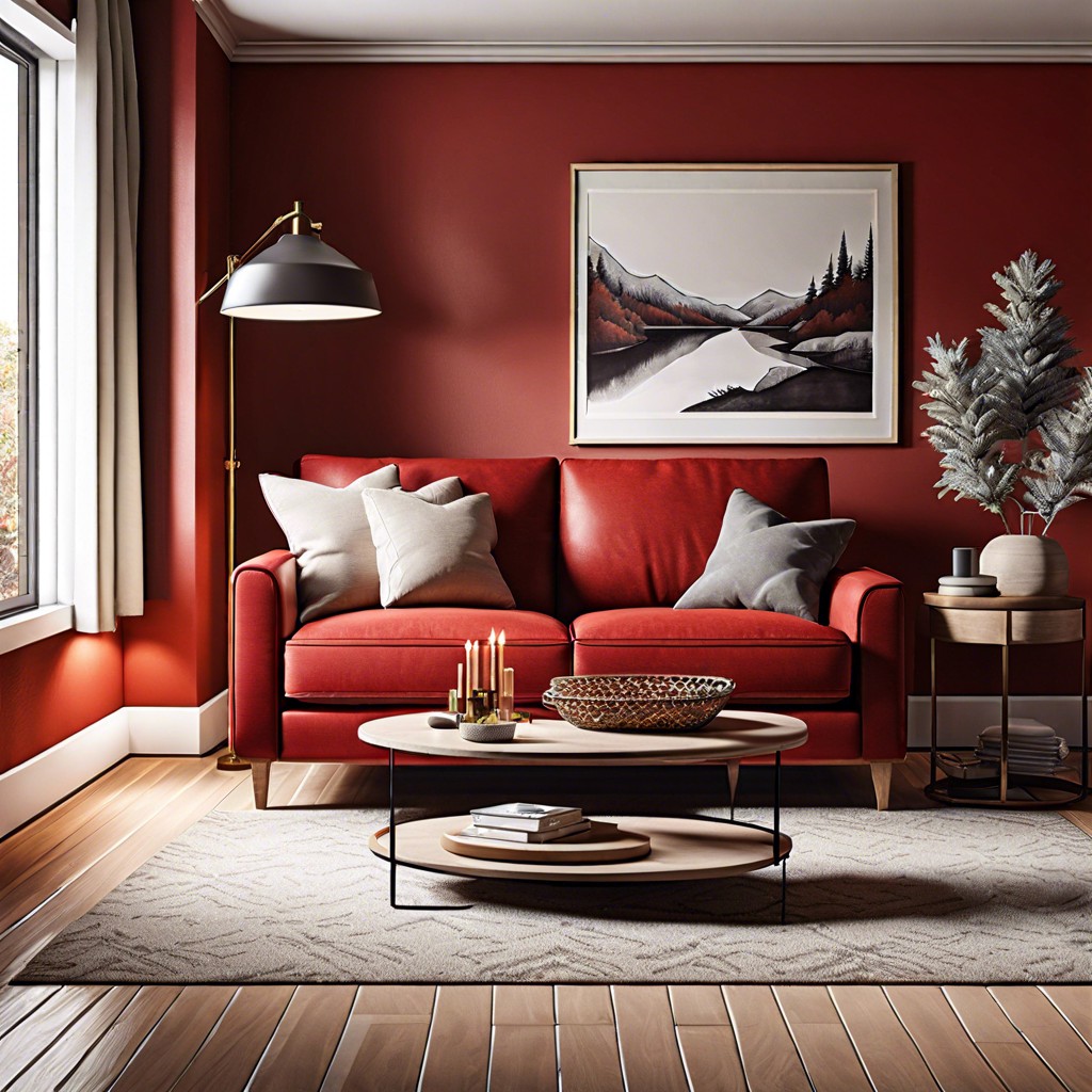 position the red couch as a focal point against a neutral textured wallpaper