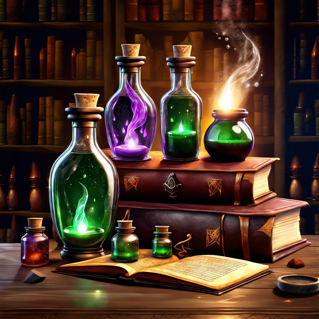 potion bottles and spell books