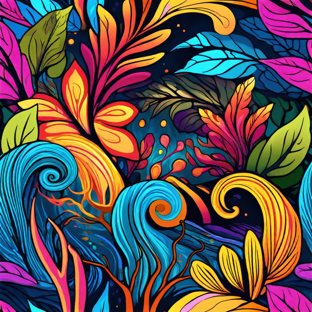 psychedelic forest trees with twisting vibrant colored leaves