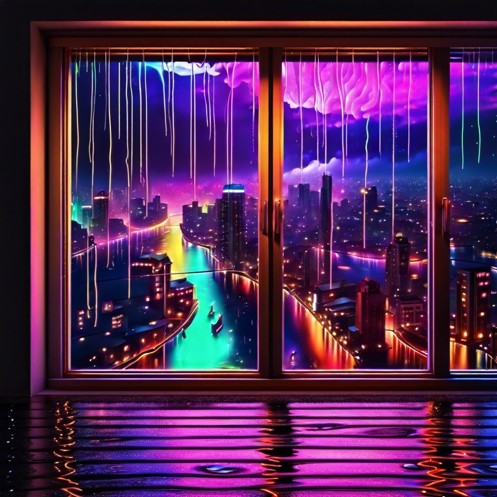 rain on window raindrops blurring colorful city lights