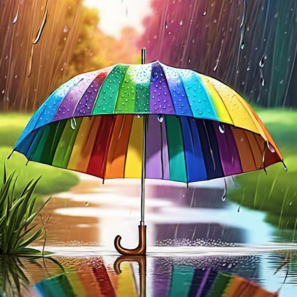 rainbow umbrella in the rain