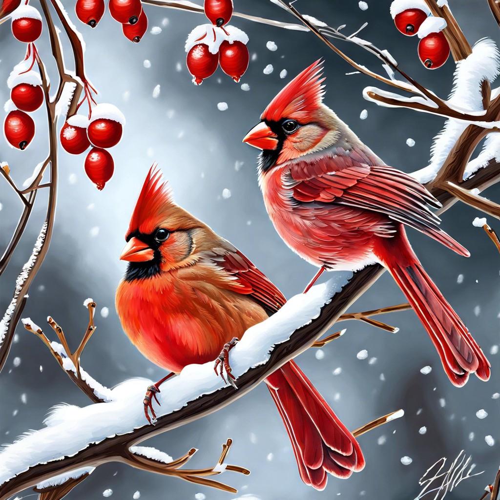 red cardinals on snow branches