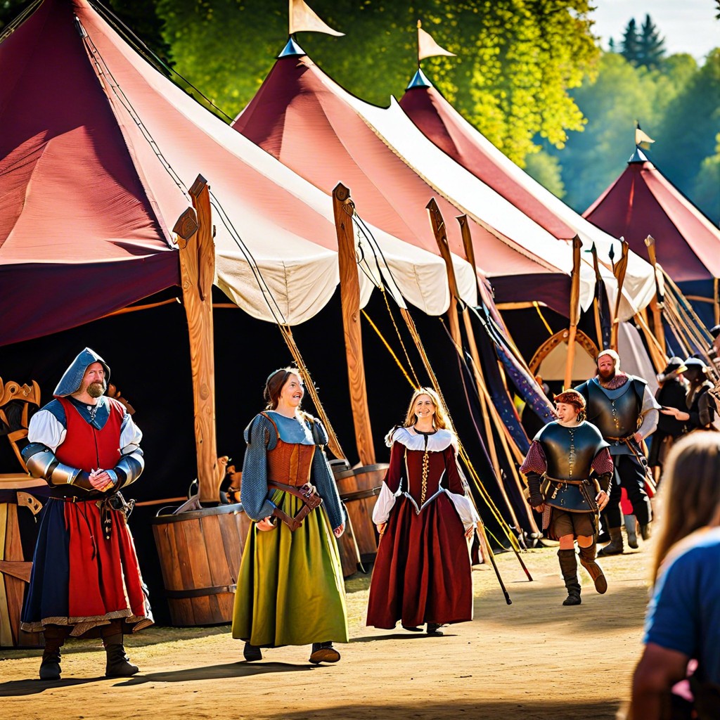 renaissance faire colorful characters and medieval tents at a lively fair