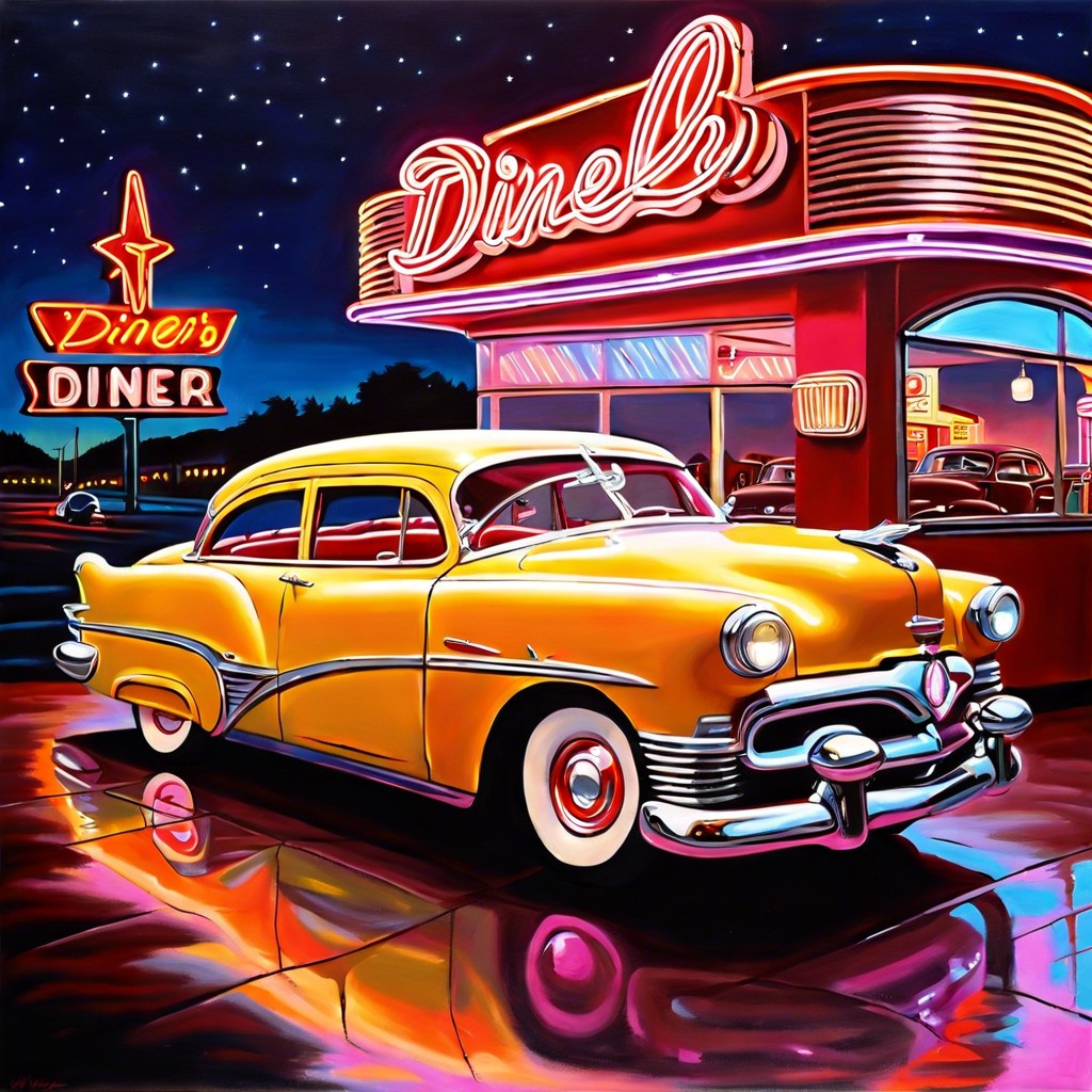 retro diner scene 1950s style diner with neon lights and vintage cars