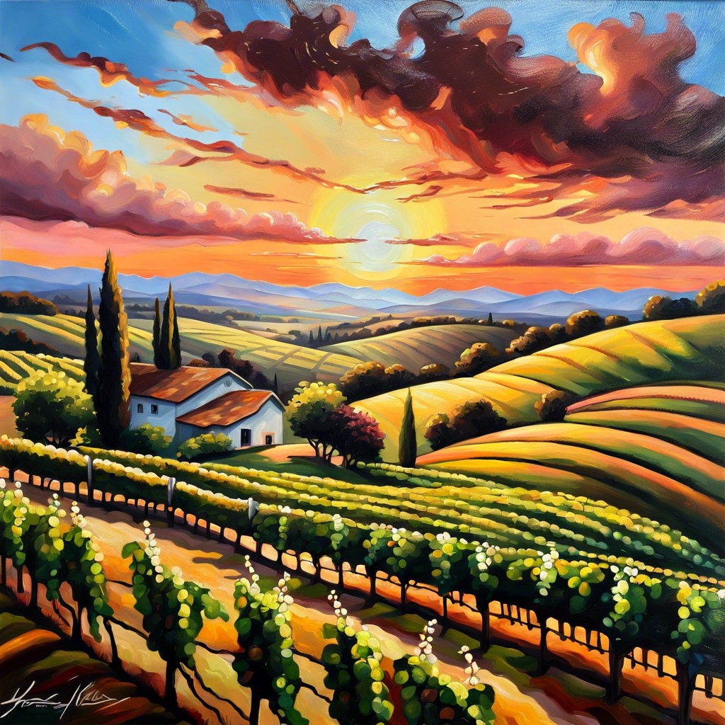 rolling vineyards at sunset