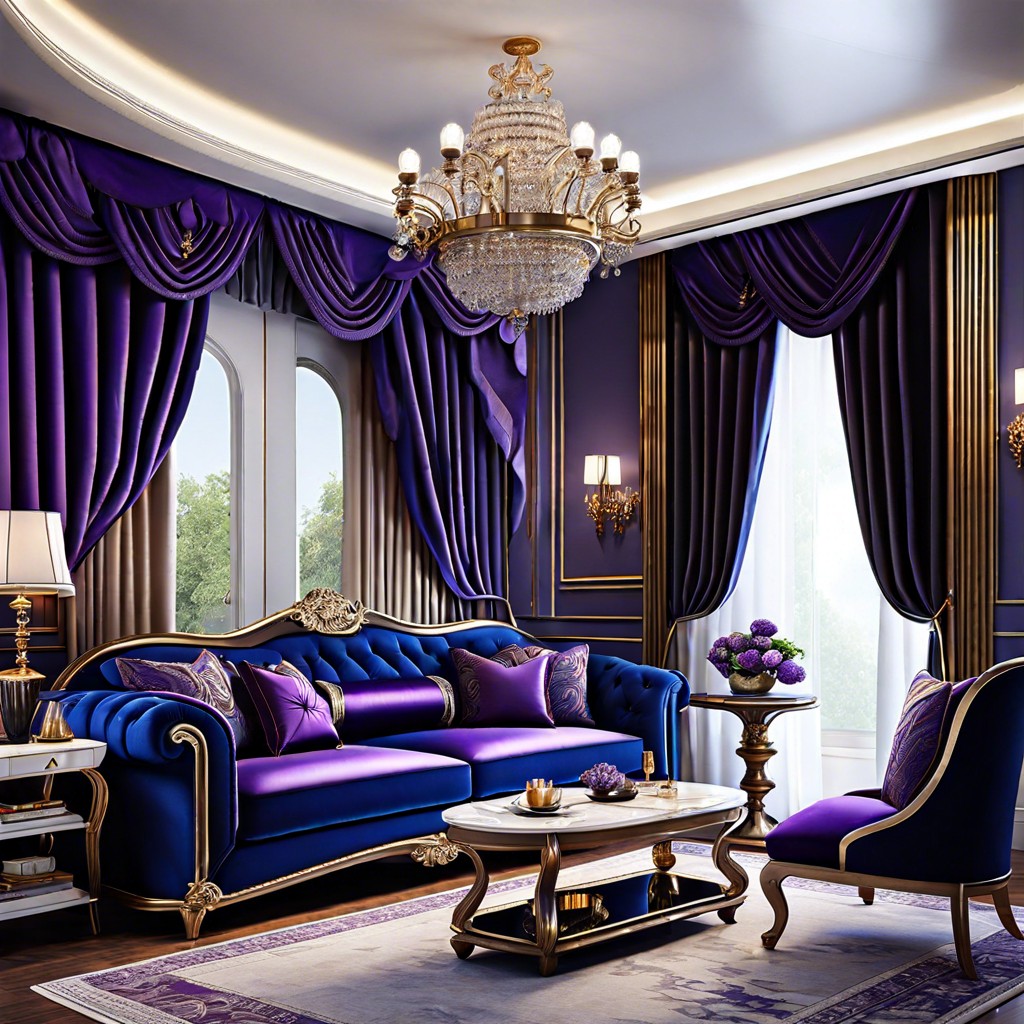 royal blue and rich purple introduce purple throws and curtains for a regal vibe