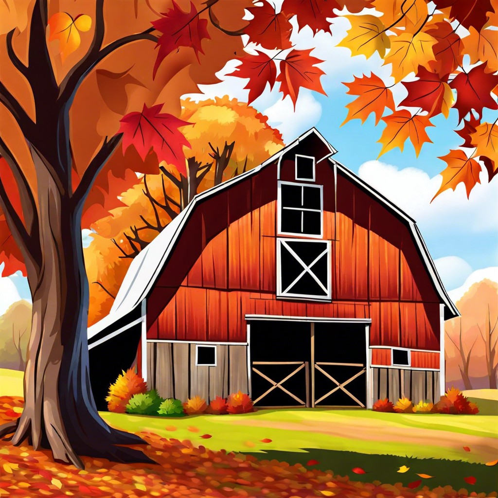 rustic barn surrounded by fiery foliage