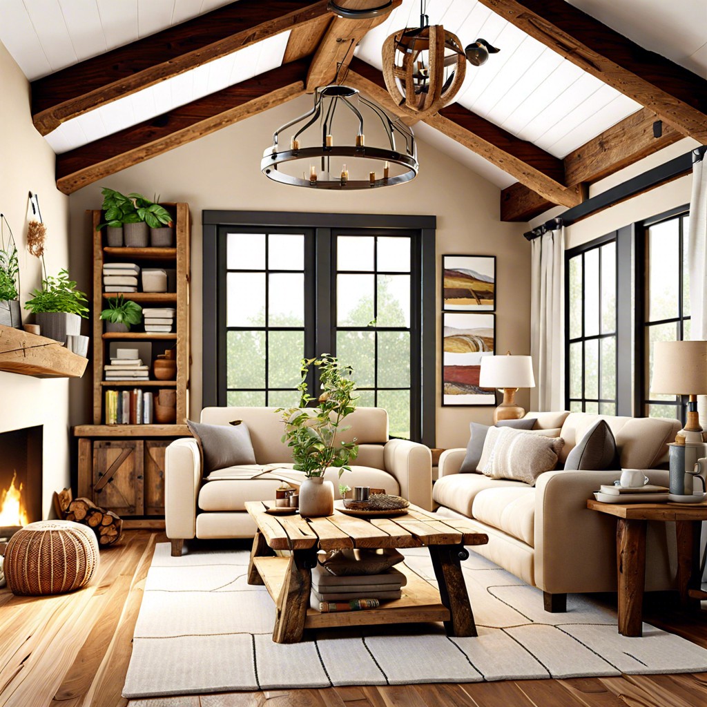 rustic beige sofa and reclaimed wood elements