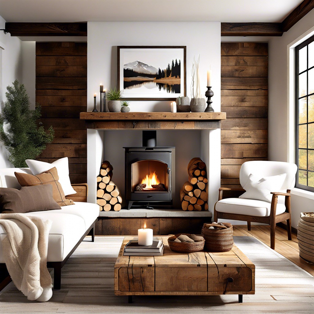 rustic room with distressed wood accents complementing a plush white sofa