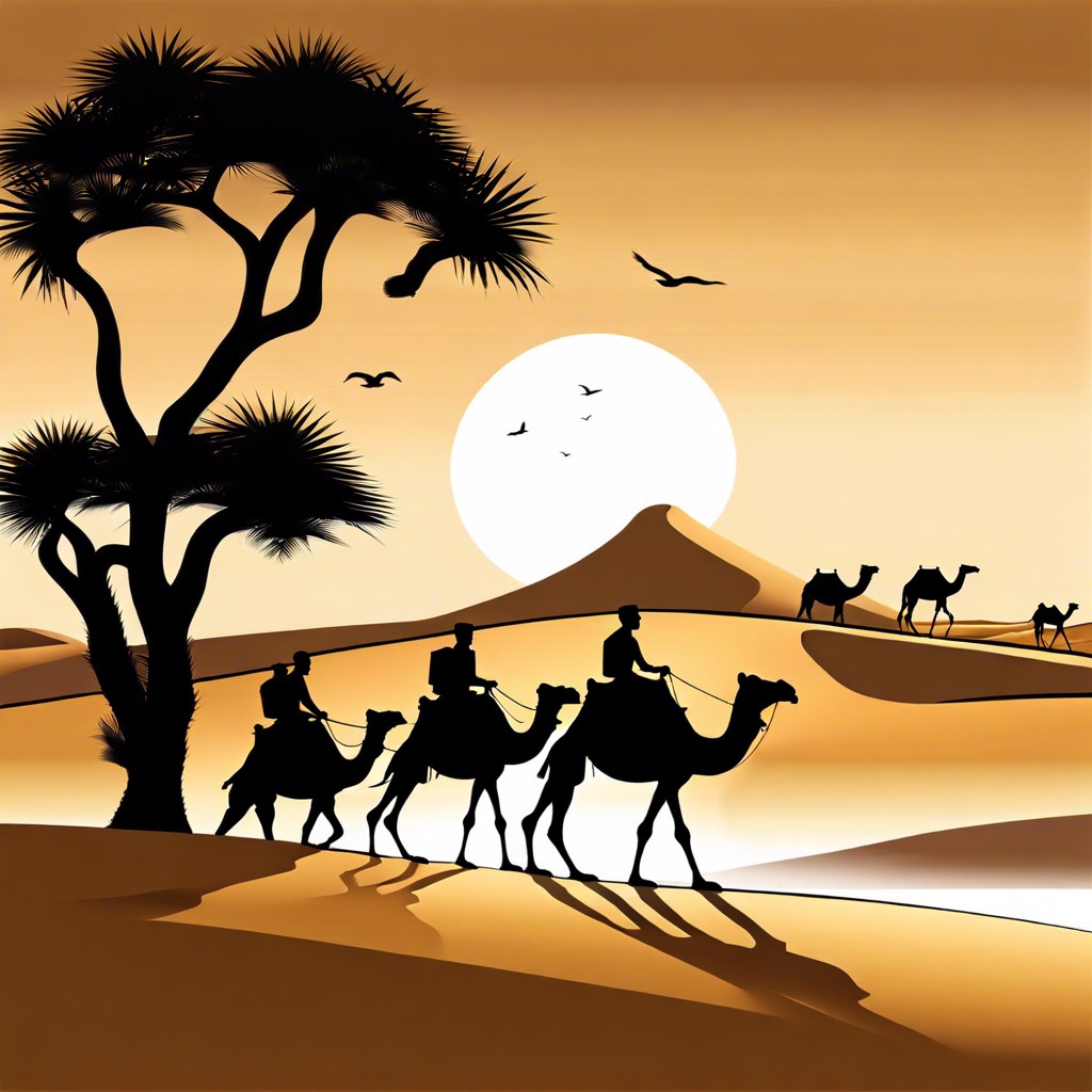 sand dunes with a camel caravan silhouette