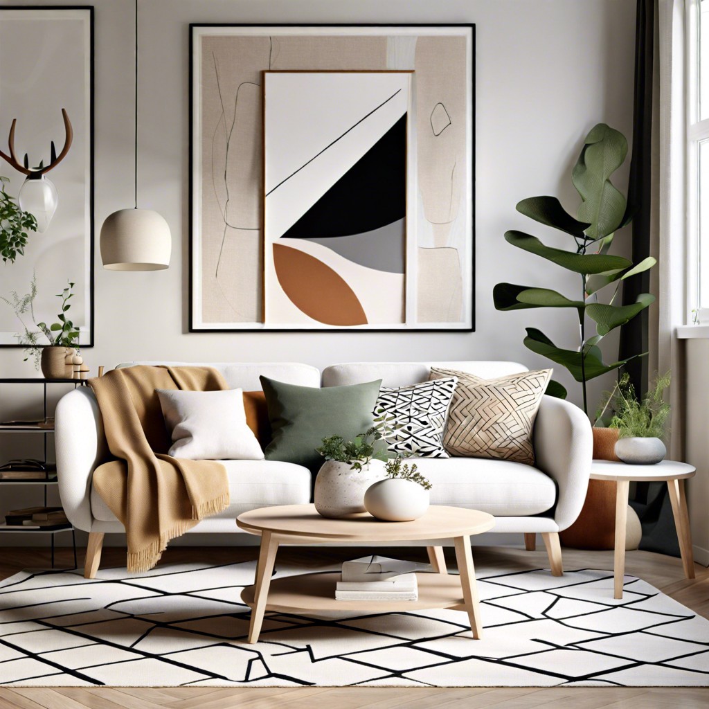 scandi style room with a white sofa and clean geometric patterns