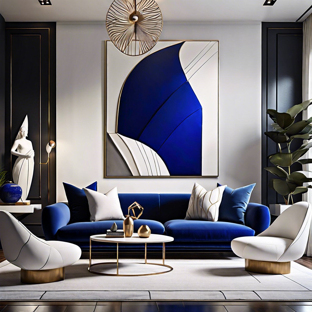 sculptural elements add white sculptural art to contrast with a royal blue sofa