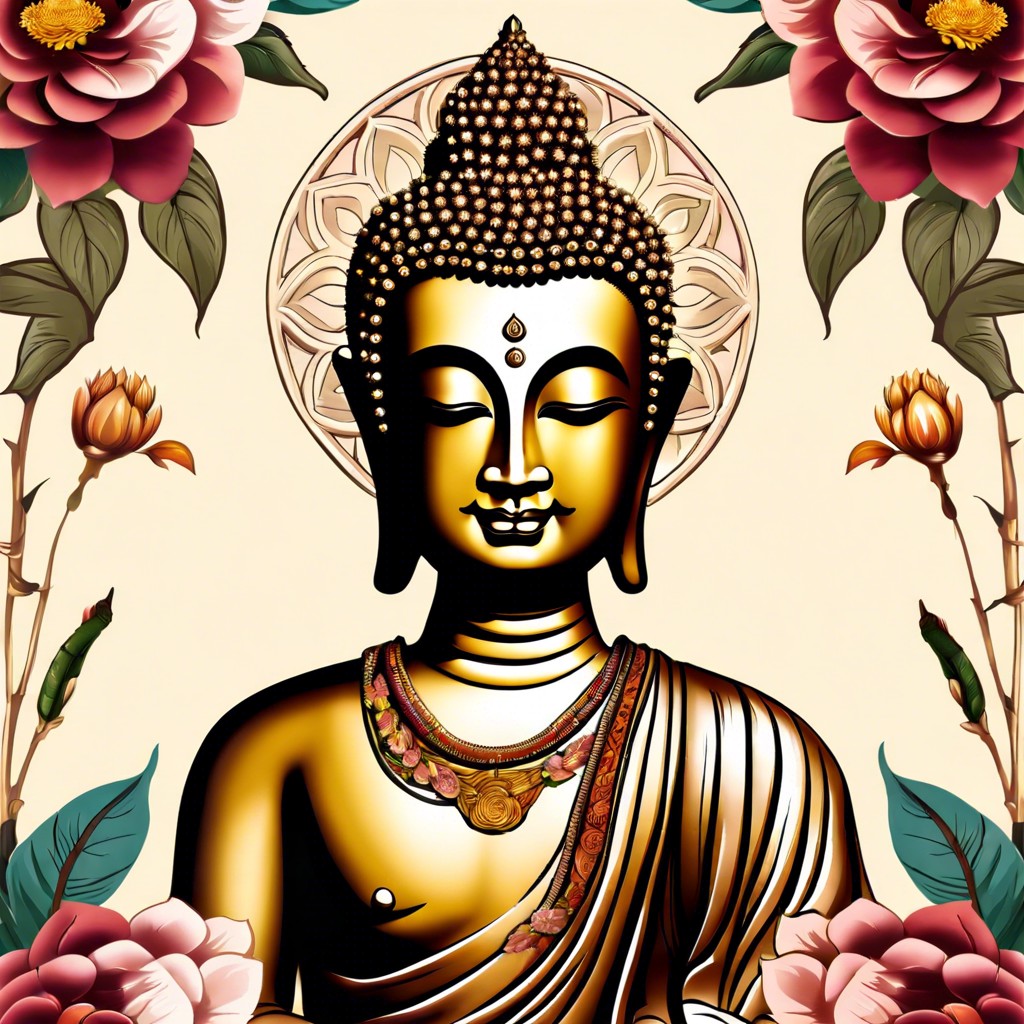 serene buddha with a floral halo