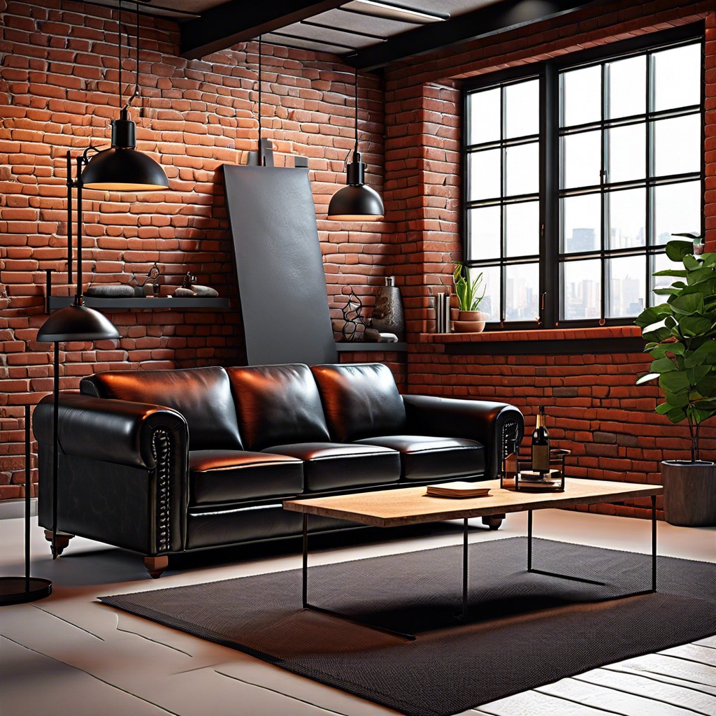 set a black leather couch against a brick wall for an industrial feel