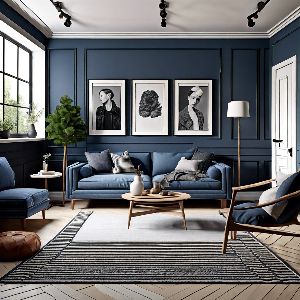 set a denim blue sofa against a gallery wall of monochrome art