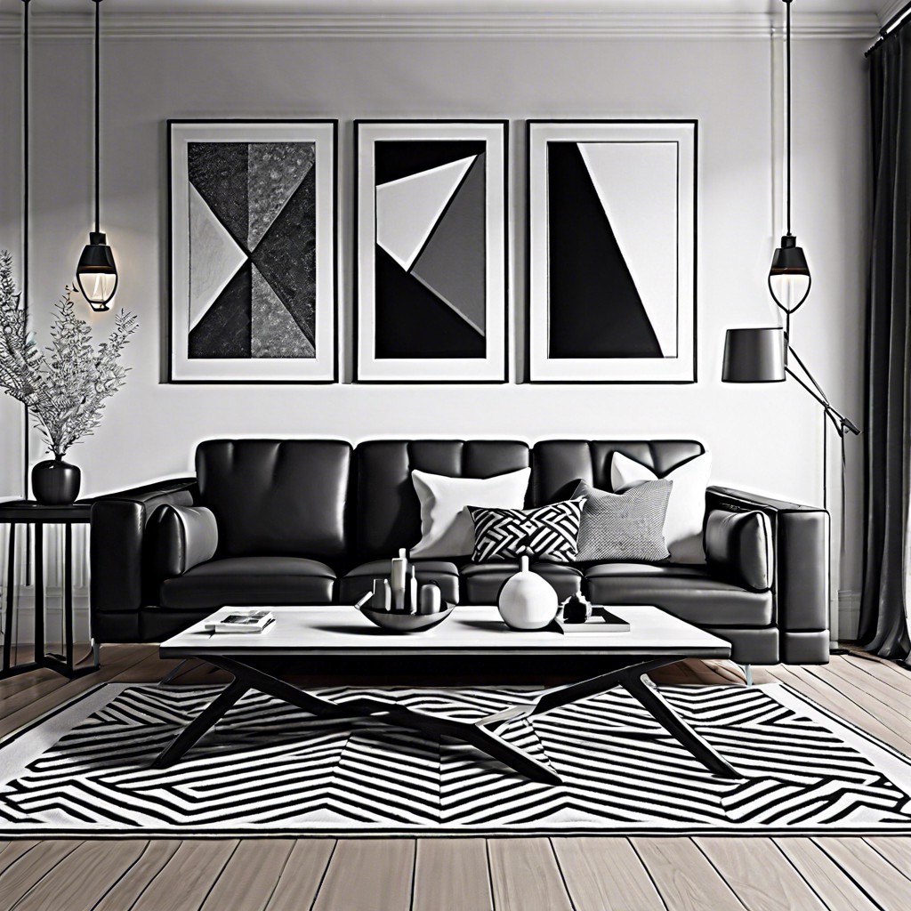 set the scene with a black leather sofa in a monochrome theme