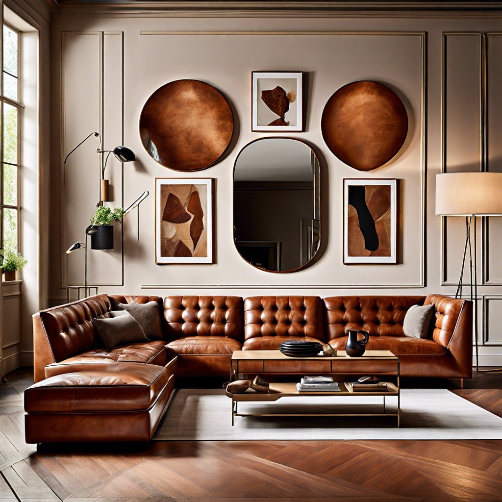 set up a cognac sofa under a gallery wall of mirrors