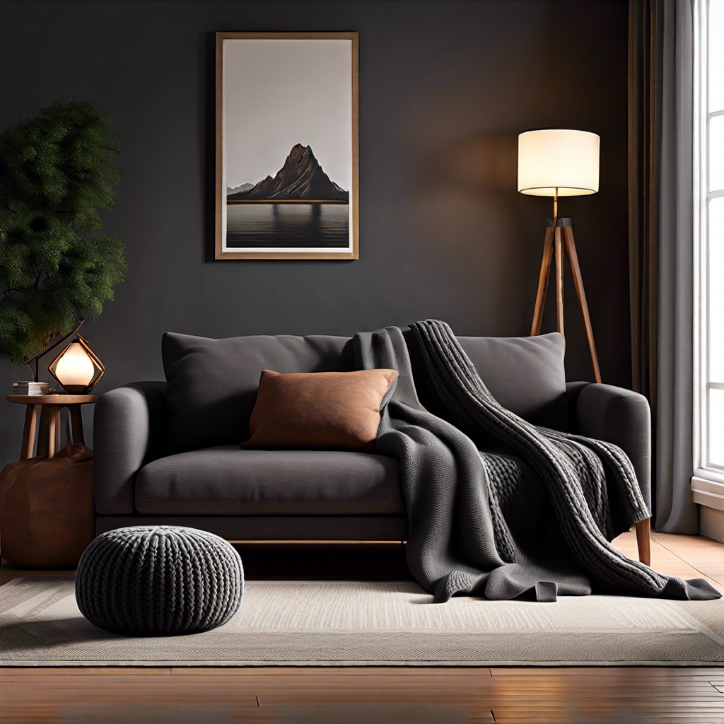 set up a cozy nook with a knitted pouf and soft blanket near the couch