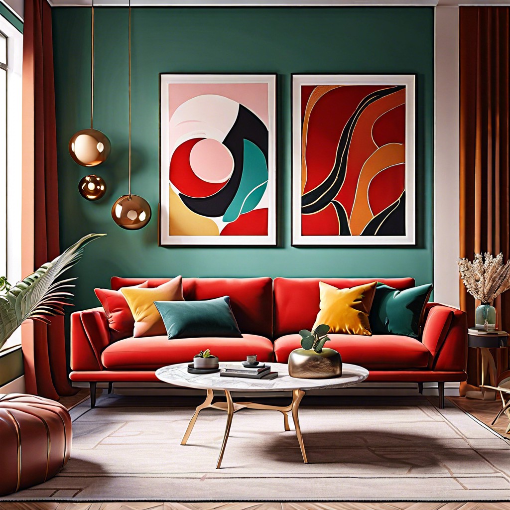 set up a gallery wall above the couch featuring abstract colorful art