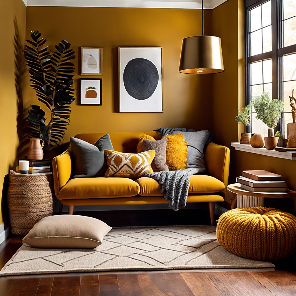 set up a reading nook with a mustard couch centerpiece