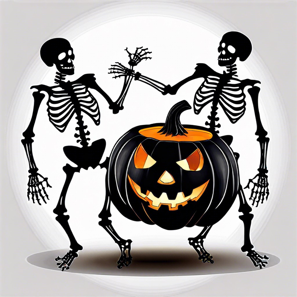 skeleton dance white skeletons dancing around a black pumpkin