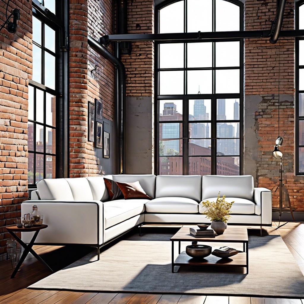 sleek white sofas in an urban industrial living room with exposed brick