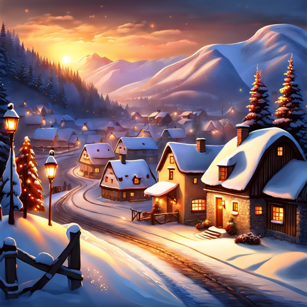 snow covered village with twinkling lights